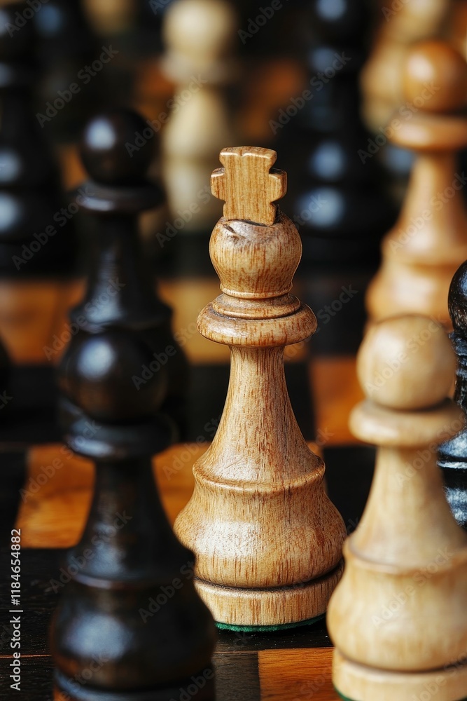 Wooden chess pieces on a board; game in progress. Wooden chess pieces on a board; game in progress.