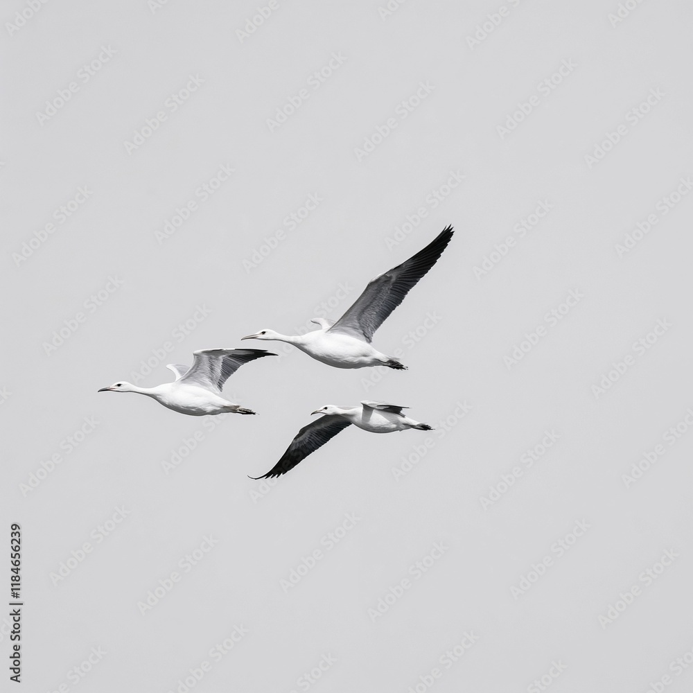 Fototapeta premium Majestic Snow Geese Flying Through Misty Sky