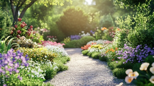 A serene garden path surrounded by vibrant flowers and lush greenery in soft sunlight.