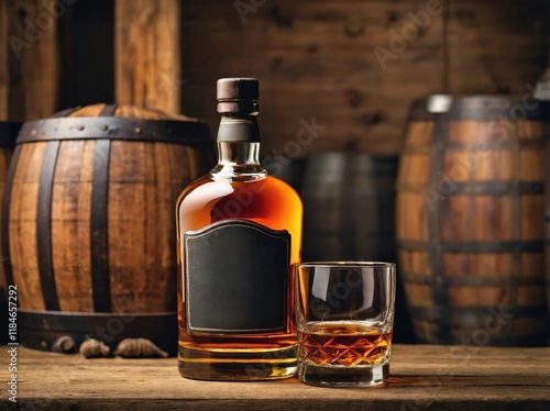 Whiskey Bottle and Glass in a Rustic Setting