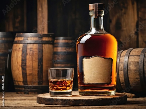 Whiskey Bottle and Glass in a Rustic Setting