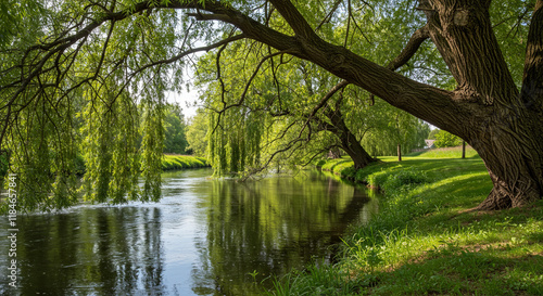 Serene River Landscape Weeping Willows Lush Greenery Calm Water