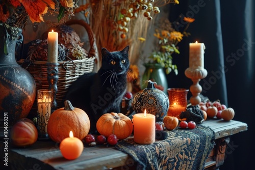 Mystical Autumn Altar with Black Cat and Harvest Fruits - Esoteric Ritual for Mabon and Halloween photo