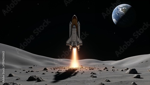 Space shuttle launching from a moon’s surface with Earth visible in the background, symbolizing lunar exploration progress photo