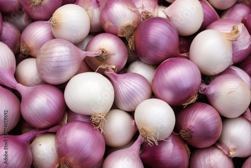 Natural Background of Red and White Onions. A Small Onion Meal with Fresh Ingredients for Healthy Cooking photo