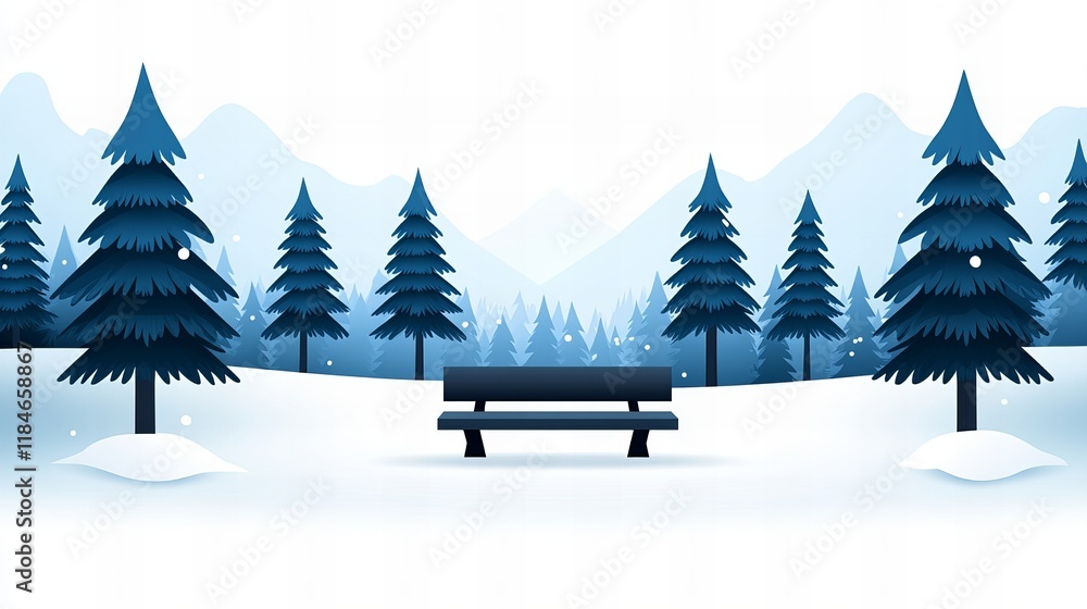 Fototapeta premium A peaceful winter scene: a park bench sits in the snow, surrounded by snow-covered evergreen trees and a mountain backdrop.