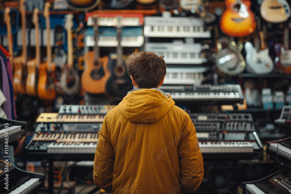 Fototapeta premium Generative AI image of hipster person in vintage music shop with retro vinyl records and tapes collection