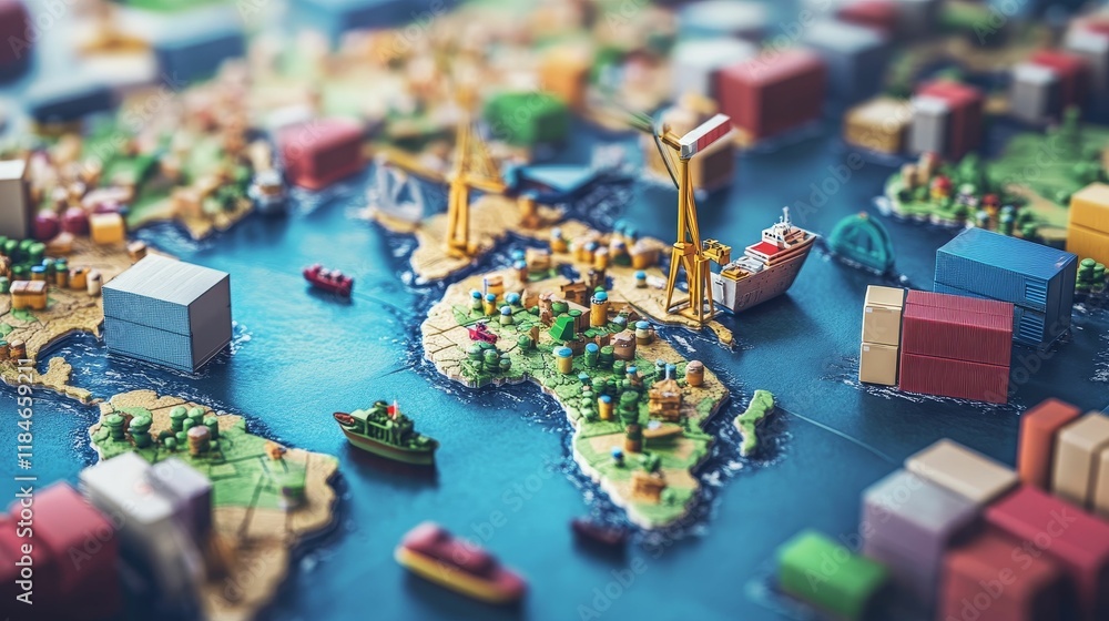 Obraz premium Global shipping, miniature model map, cargo.
