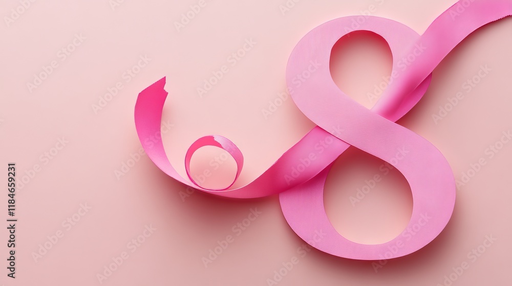 Obraz premium Paper cut eight with ribbon on pink background. Postcard March 8 on a pink background