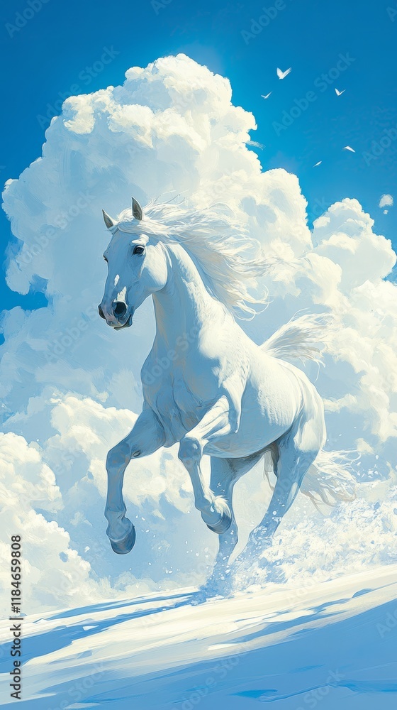 Fototapeta premium Majestic White Horse Galloping Through Snowy Landscape