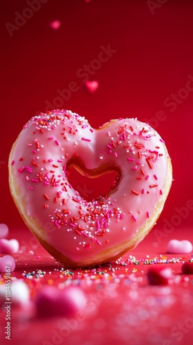 Heart-shaped donut with pink icing and colorful sprinkles falling on a red background