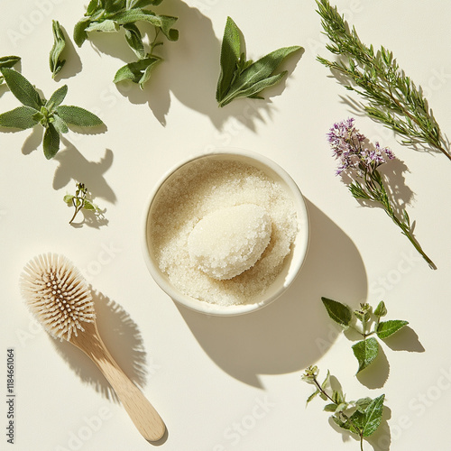 Natural body scrub with herbs on beige surface photo