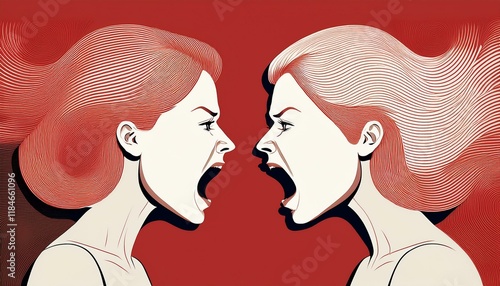 Silhouette two women arguing, yelling at each other. Argument between couple or friends (divorce, break-up, fight), abstract illustration