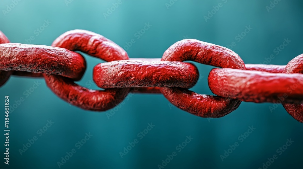 Red metal chain links, close-up view. Red metal chain links, close-up view.