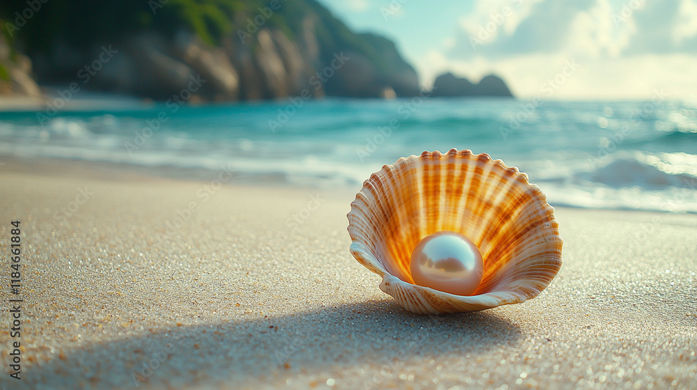 Obraz premium A solitary pearl rests delicately inside an open seashell symbolizing purity, rarity, and hidden beauty, evoking thoughts of nature’s treasures and the mystery beneath the surface