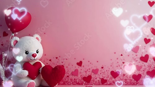 Adorable white bear with red hearts in his hands, surrounded by a scattering of hearts on a soft pink background, symbolises love and affection