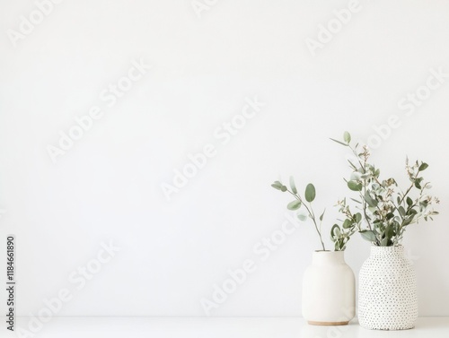 Wallpaper Mural White Vases with Green Greenery Against a White Wall Torontodigital.ca