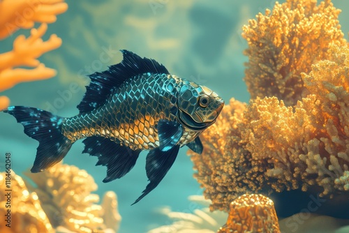 Wallpaper Mural Hexagonal fish with shimmering metallic textures, drifting near golden coral formations in tranquil waters. Torontodigital.ca