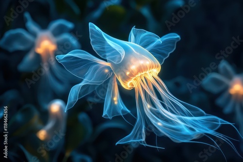 Jellyfish-inspired fish with glowing, flowing tentacle fins, illuminated softly in the dim depths of the ocean. photo