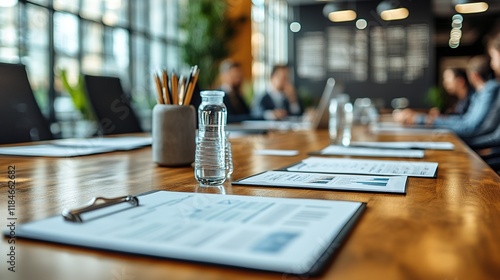 A modern conference room setup with documents, water bottles, and professionals engaged in discussion.