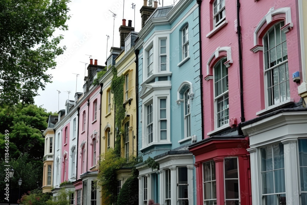 Obraz premium Pastel Palette: Colorful English Townhouses in London's Sunlit Streets