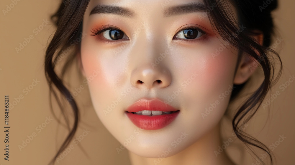 Close-up portrait of young Asian beautiful woman with K-beauty make up style and healthy and perfect skin isolated on beige background for skincare commercial product advertising. Close-up portrait of young Asian beautiful woman with K-beauty make up style and healthy and perfect skin isolated on beige background for skincare commercial product advertising.
