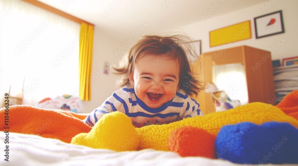 Joyful Toddler Giggles Playfully on Colorful Bed - Close-Up Photo. AI Generated Joyful Toddler Giggles Playfully on Colorful Bed - Close-Up Photo. AI Generated