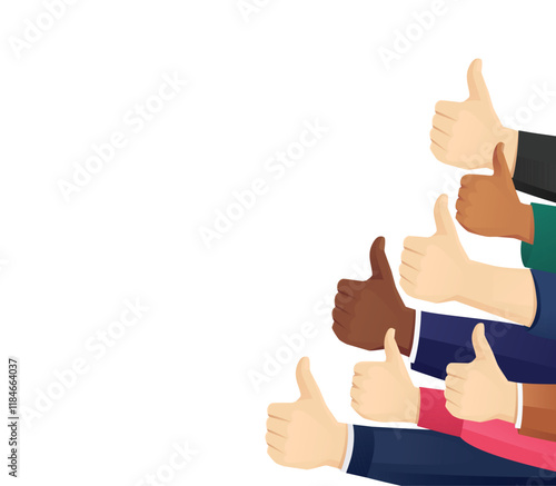 Male and female hands show thumbs up, approval gesture. Isolated vector illustration