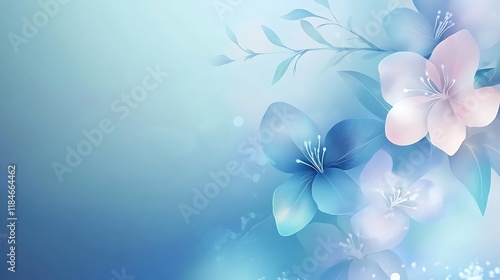 Delicate Pastel Flowers and Leaves on a Blue Background