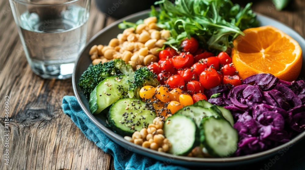 A healthy meal consisting of colorful vegetables, fruits, and whole grains neatly arranged on a plate, with a glass of water beside it, symbolizing a balanced diet. A healthy meal consisting of colorful vegetables, fruits, and whole grains neatly arranged on a plate, with a glass of water beside it, symbolizing a balanced diet.