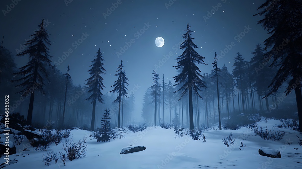A moonlit forest with snow-covered trees and a large moon in the sky A moonlit forest with snow-covered trees and a large moon in the sky