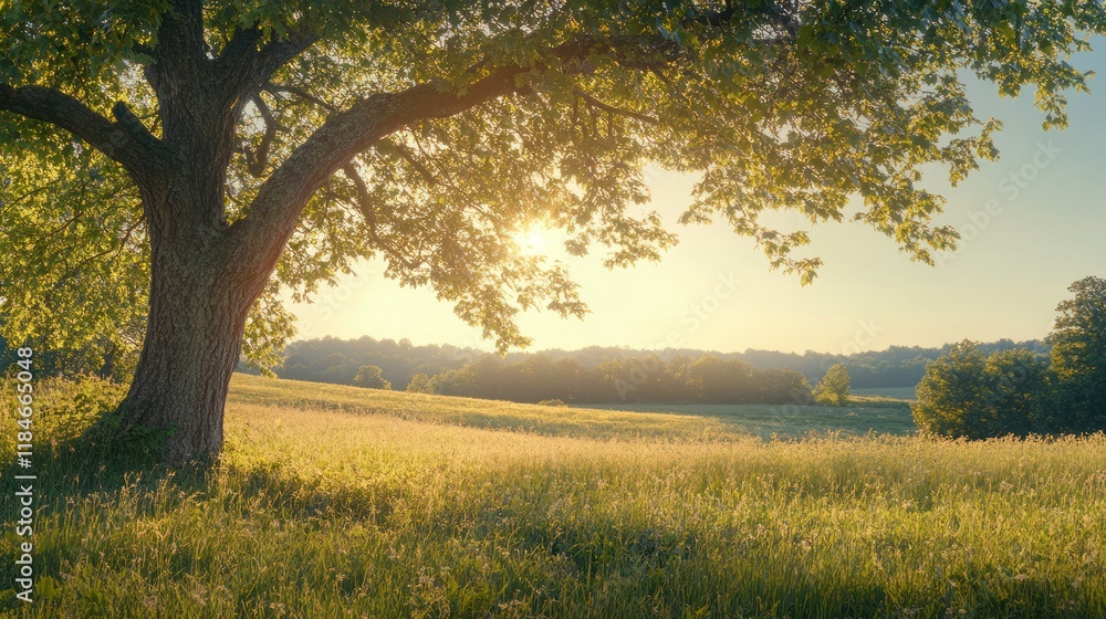 Fototapeta premium A serene landscape featuring a large tree, golden sunlight, and a grassy field at sunset.