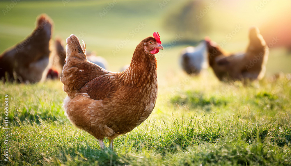 Fototapeta premium huhn oder henne auf einer grunen wiese selektive scharfe im hintergrund mehrere huhner unscharf