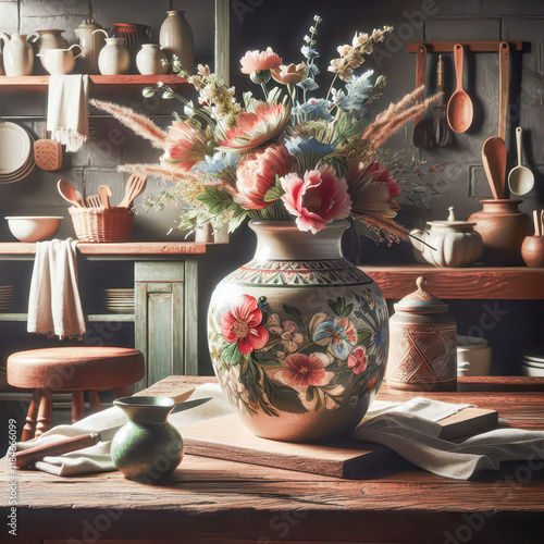 A large vase with flowers on the table in the kitchen