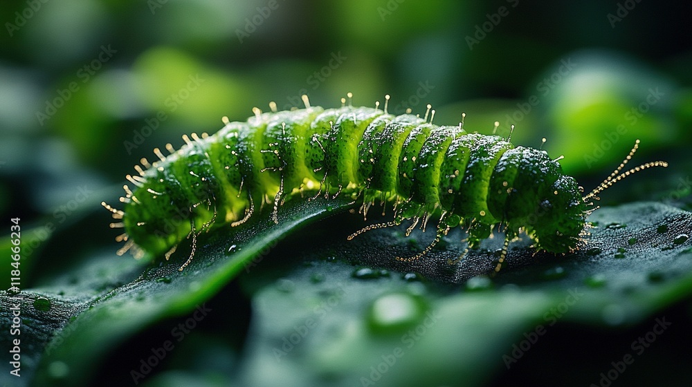 Naklejka premium A close-up of a green caterpillar resting on leaves, showcasing its details and natural environment.