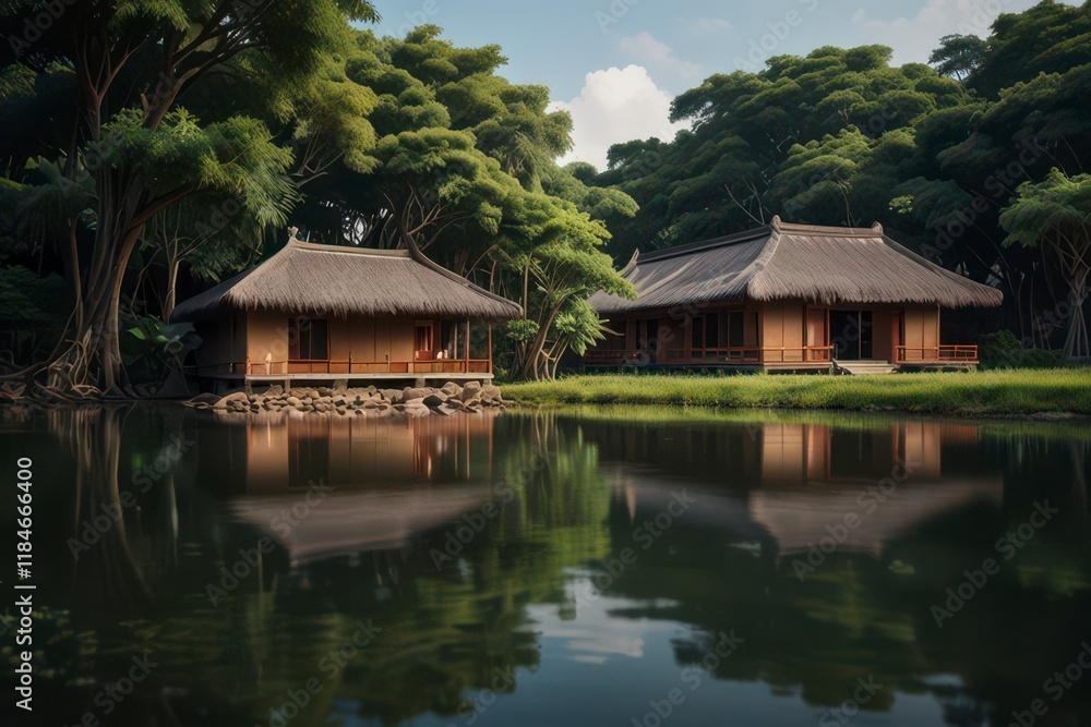 A peaceful riverside view with traditional clay houses shaded by large banyan trees. A peaceful riverside view with traditional clay houses shaded by large banyan trees.