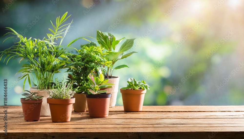 potted plants on wooden table potted plants on wooden table