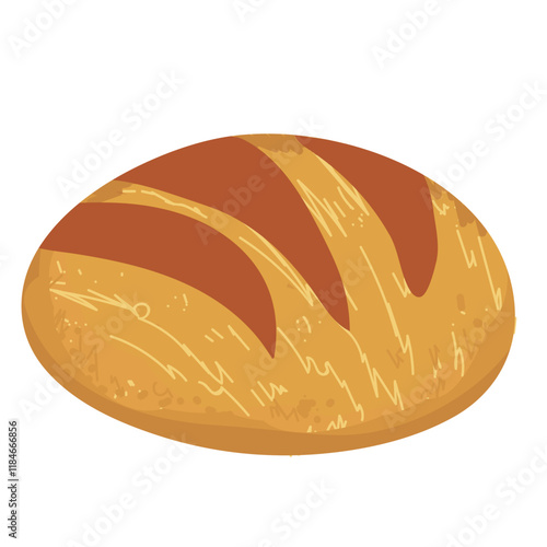 Brown bread, made from whole grain flour, with ears of wheat, with a crispy golden and delicious crust, vector image isolated on white background