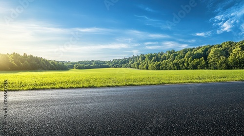 A serene landscape featuring a road beside lush greenery and a clear blue sky.