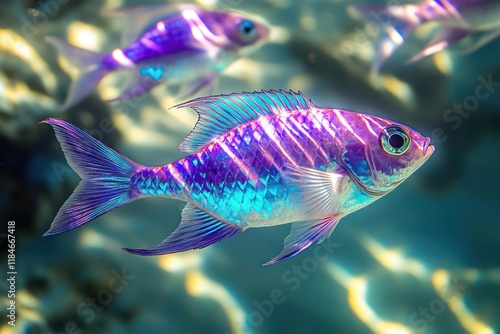 Radiant fish with faceted, gem-like bodies and glowing fins in hues of amethyst and sapphire, shimmering in the sunlit shallows of a tropical lagoon. photo