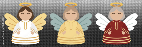 Cute angel. Children's toy. Christmas tree topper. Angel with gold, white and blue wings.