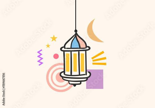 Ramadan Kareem eastern lanterns garland. Muslim ornamental hanging golden lanterns