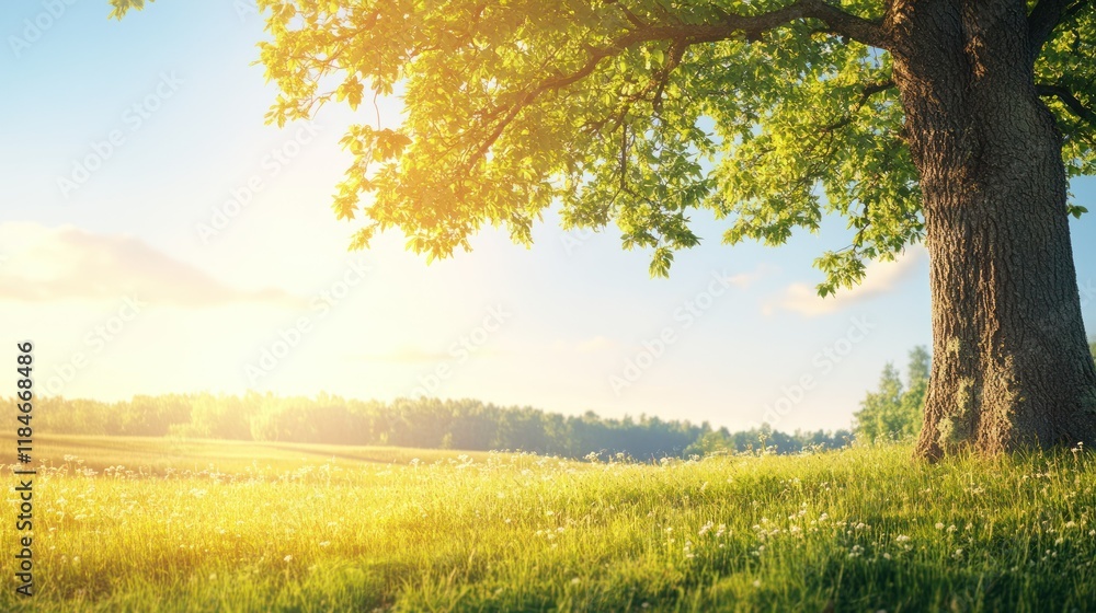Obraz premium A serene landscape featuring a tree and sunlit grass, evoking tranquility and nature's beauty.
