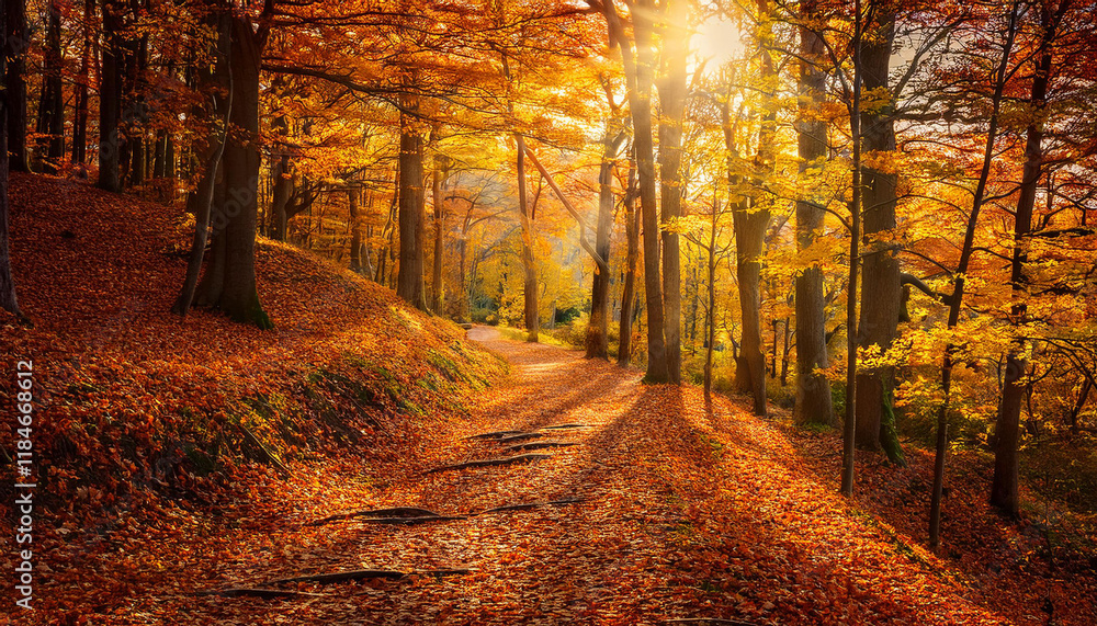 a winding path through an autumn forest lined with vibrant fallen leaves sunlight breaking through the canopy casting warm dramatic light and deep shadows a winding path through an autumn forest lined with vibrant fallen leaves sunlight breaking through the canopy casting warm dramatic light and deep shadows