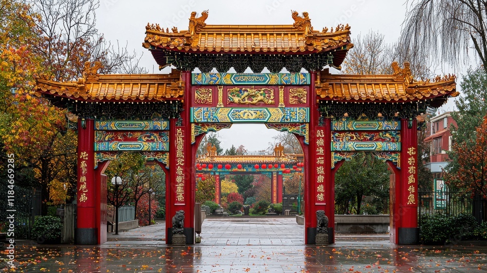 Fototapeta premium Decorating a traditional chinese gate with red and gold standards cultural landmark urban environment architectural perspective heritage concept