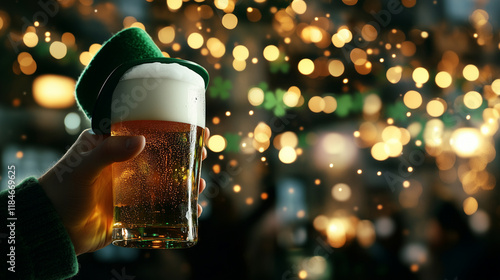 A blurred celebrant in a green leprechaun hat raises a frothy pint of green beer, Irish flags and shamrock garlands creating a festive Saint Patrick's Day environment. photo