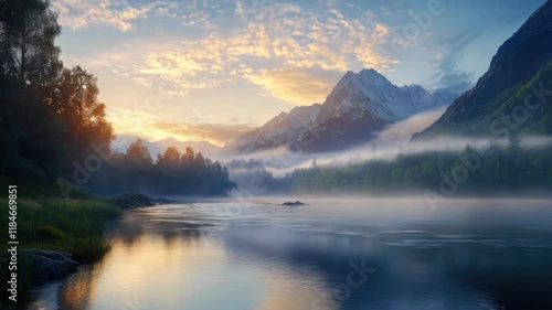 Wallpaper Mural Breathtaking sunrise over misty mountains and serene lake landscape Torontodigital.ca