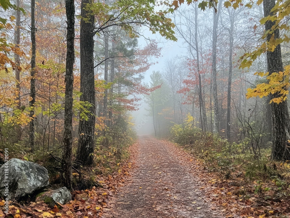 Obraz premium Autumn Trail Through Misty Forest Path