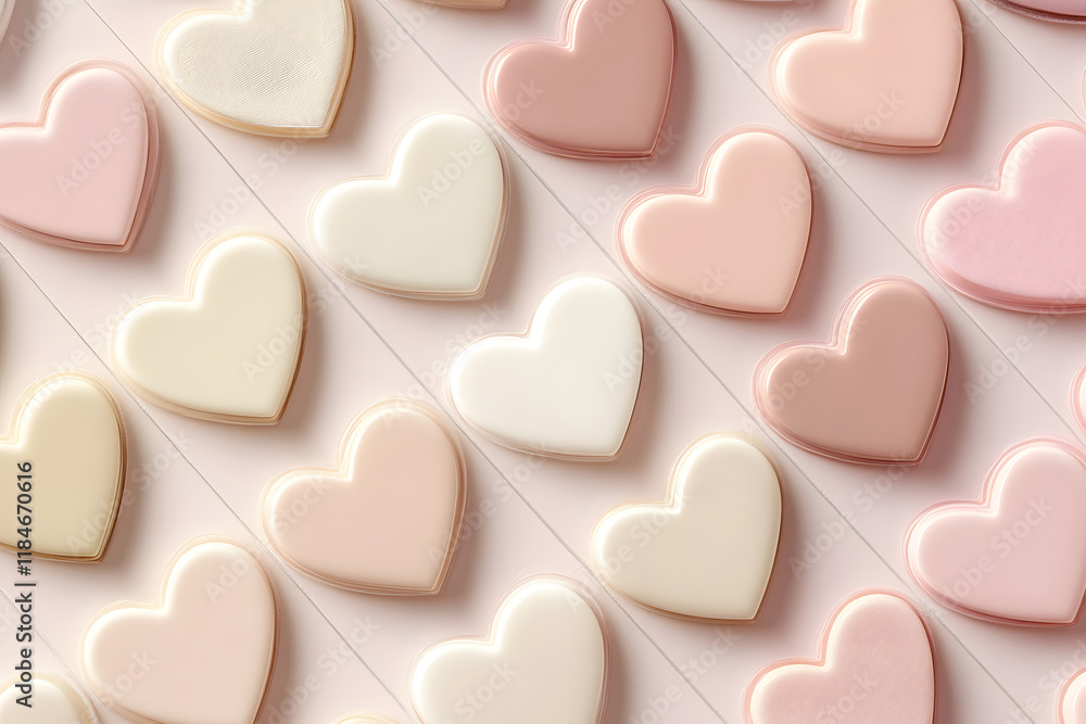 Delicate pastel hearts arranged in beautiful pattern create soft and inviting atmosphere, perfect for celebrations or romantic occasions Delicate pastel hearts arranged in beautiful pattern create soft and inviting atmosphere, perfect for celebrations or romantic occasions