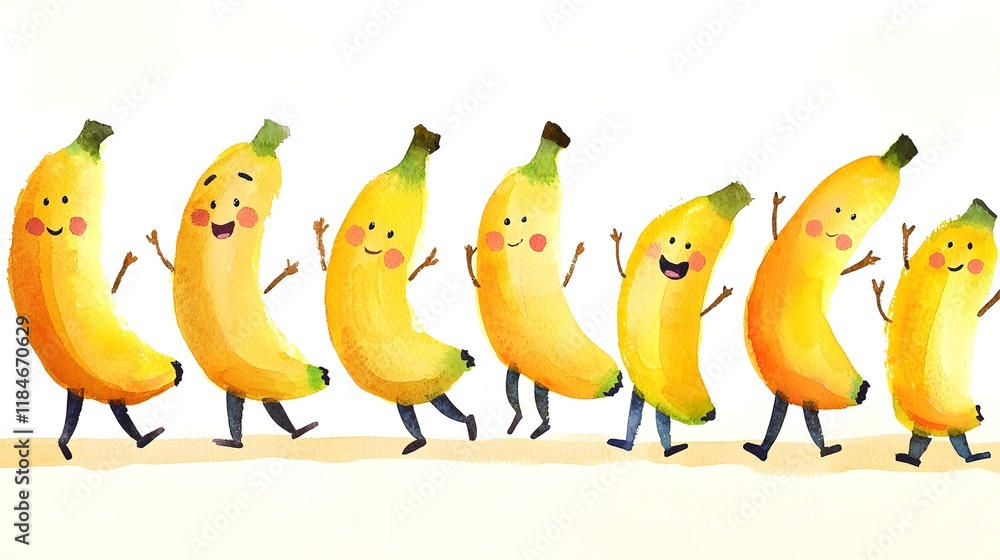 Whimsical Anthropomorphic Bananas on a Fantastical Adventure in Watercolor Whimsical Anthropomorphic Bananas on a Fantastical Adventure in Watercolor